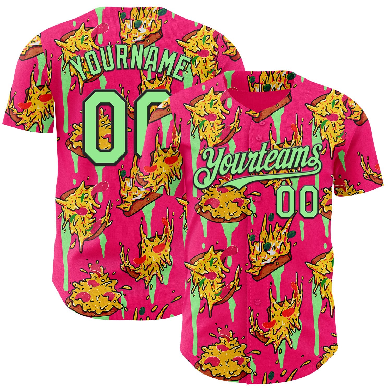 Custom Pink Pea Green-Black Foodie Pizza Authentic Baseball Jersey - Main View