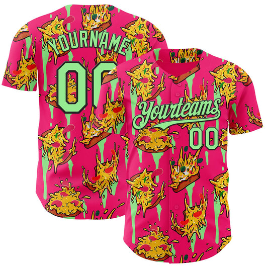 Custom Pink Pea Green-Black Foodie Pizza Authentic Baseball Jersey - Main View
