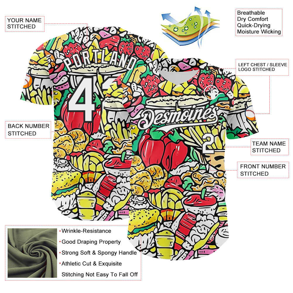 Custom White-Black Foodie Fast Food & Fruit Authentic Baseball Jersey view 3