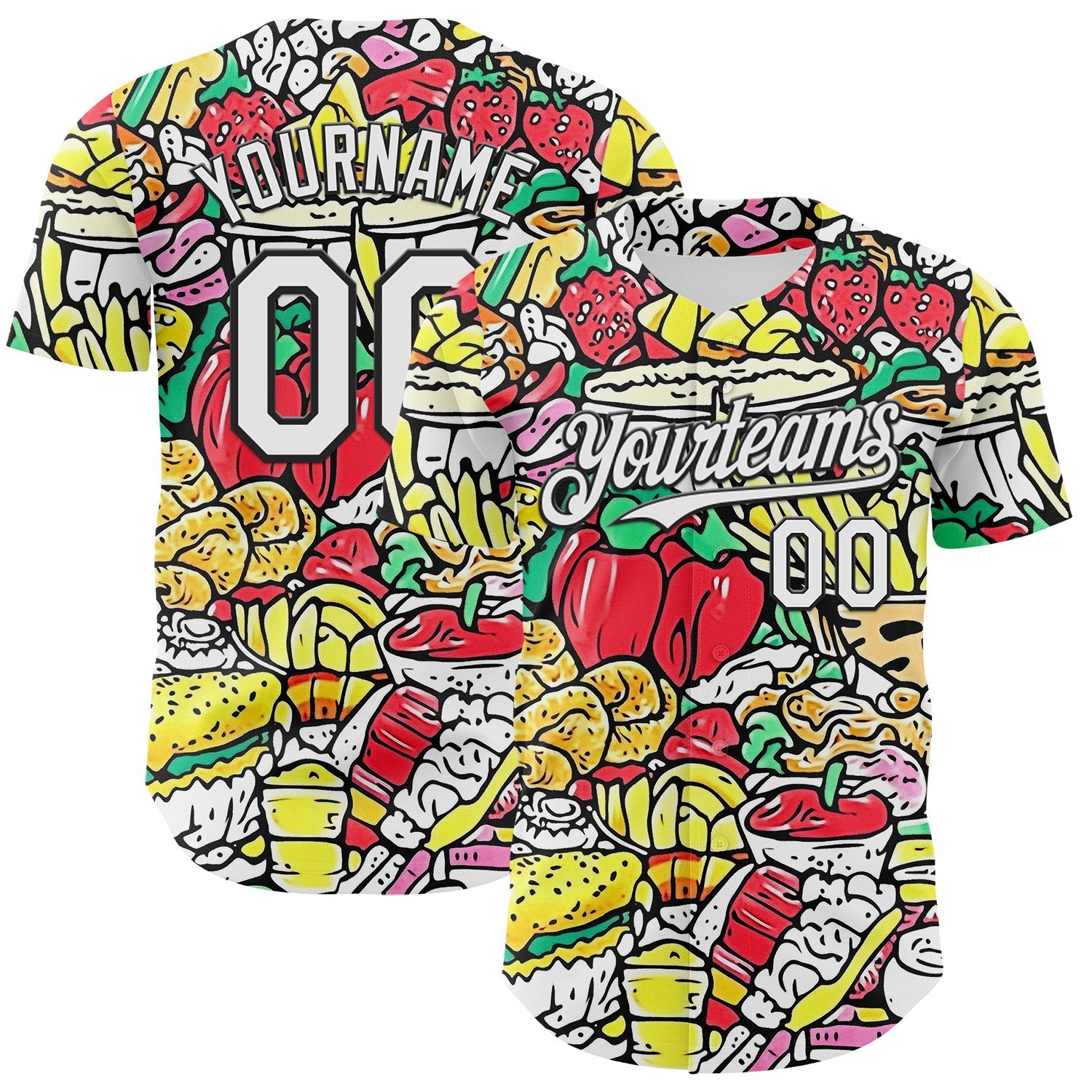 Custom White-Black Foodie Fast Food & Fruit Authentic Baseball Jersey - Main View