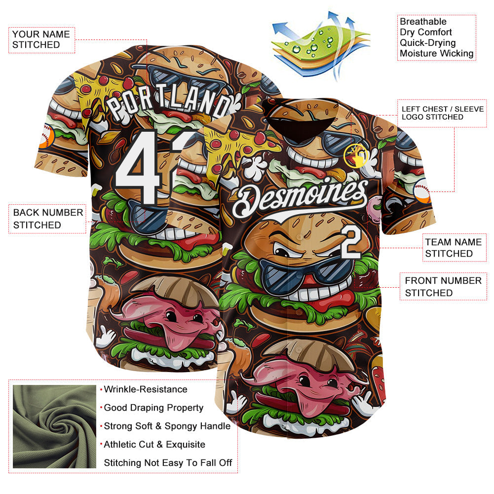 Custom Black-White Foodie Fast Food Hamburger Authentic Baseball Jersey view 3