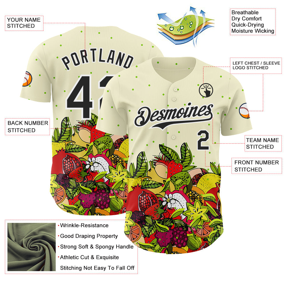 Custom Cream Black-White Foodie Exotic Fruit Authentic Baseball Jersey view 3