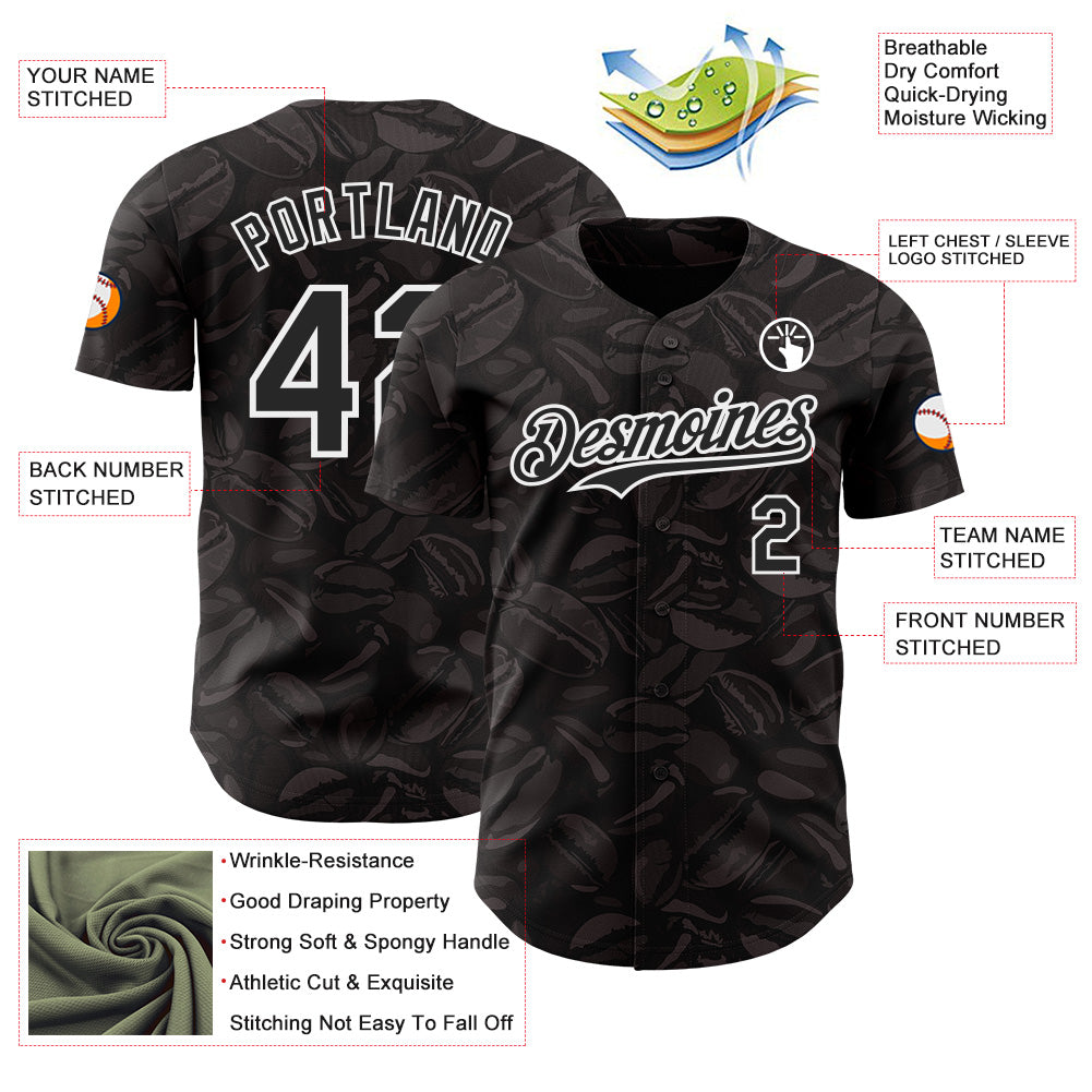 Custom Black-White Foodie Coffee Beans Authentic Baseball Jersey view 3