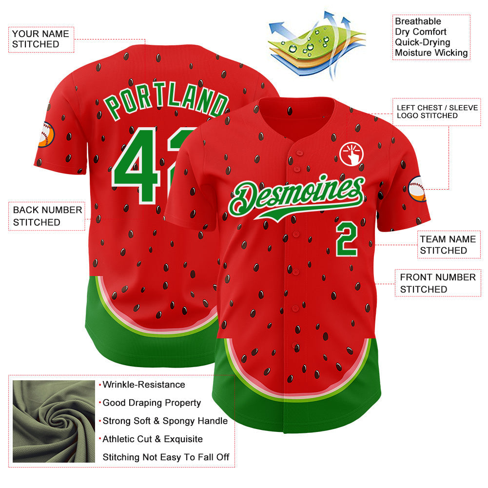Custom Red Grass Green-White Foodie Watermelon Authentic Baseball Jersey view 3