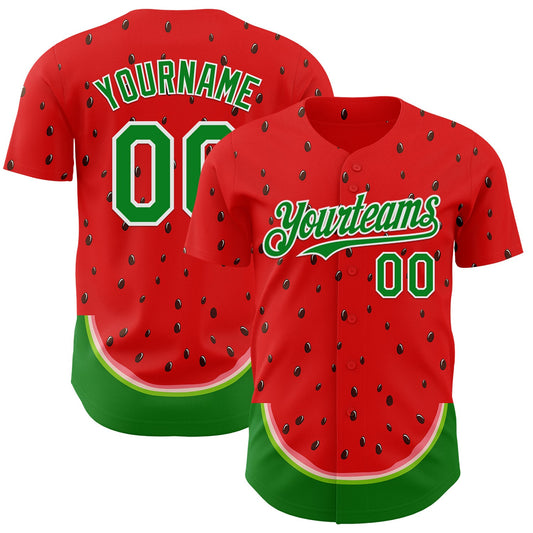 Custom Red Grass Green-White Foodie Watermelon Authentic Baseball Jersey - Main View