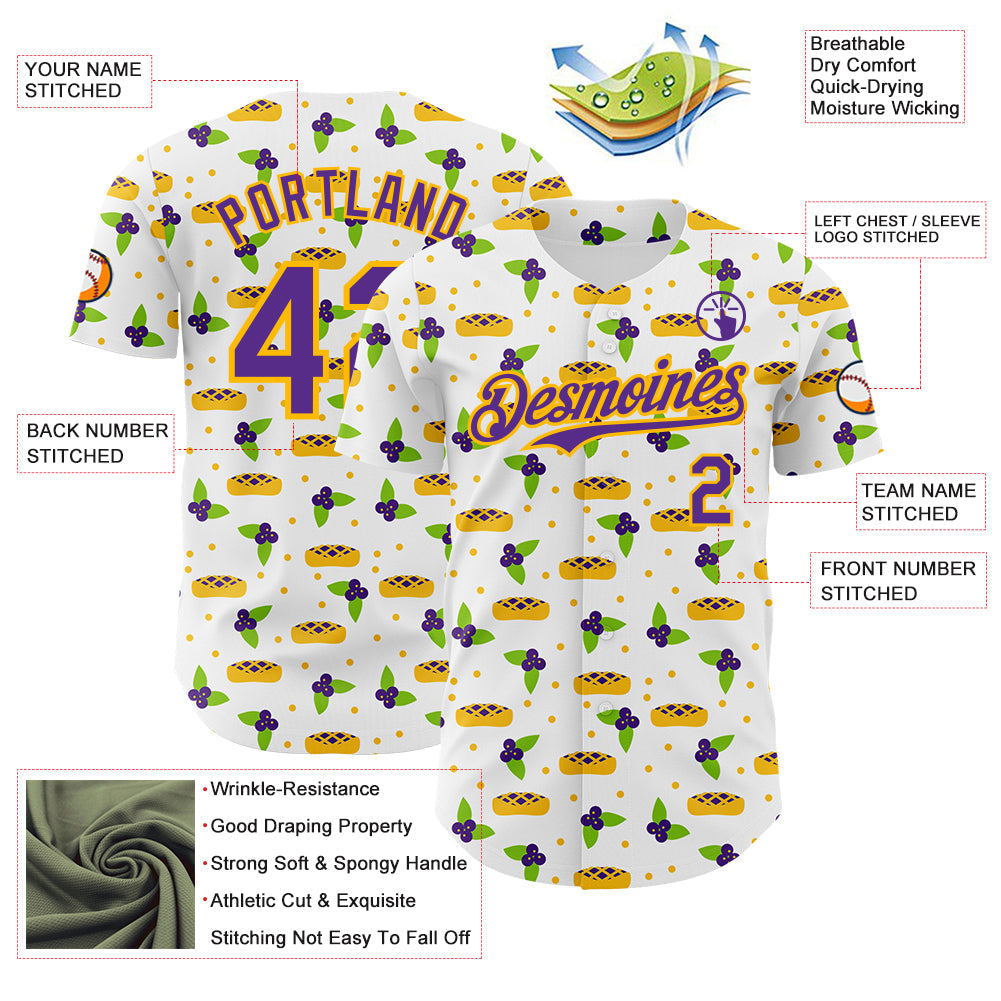 Custom White Purple-Gold Foodie Blueberry Pie Authentic Baseball Jersey view 3