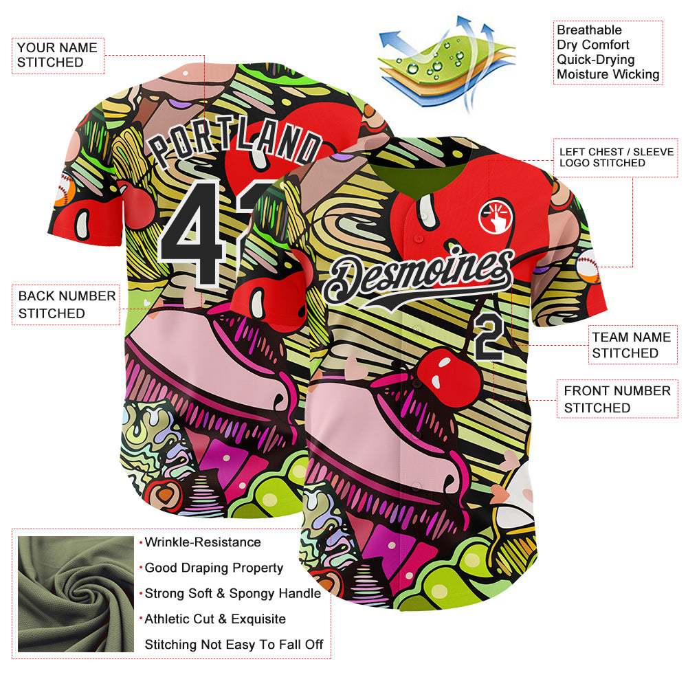 Custom Green Black-White Foodie Cake Ice Cream Authentic Baseball Jersey view 3