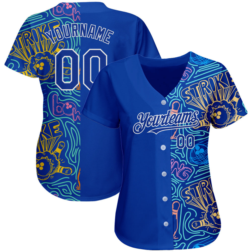 Custom Royal White 3D Pattern Design Bowling Authentic Baseball Jersey view 2