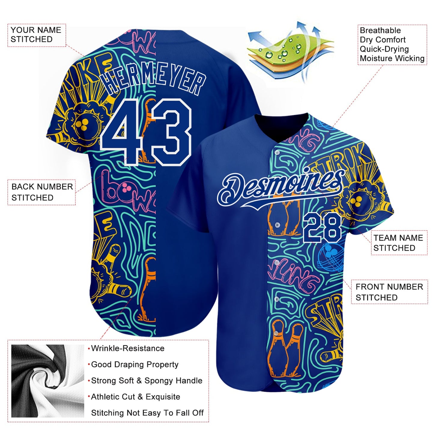 Custom Royal White 3D Pattern Design Bowling Authentic Baseball Jersey view 3