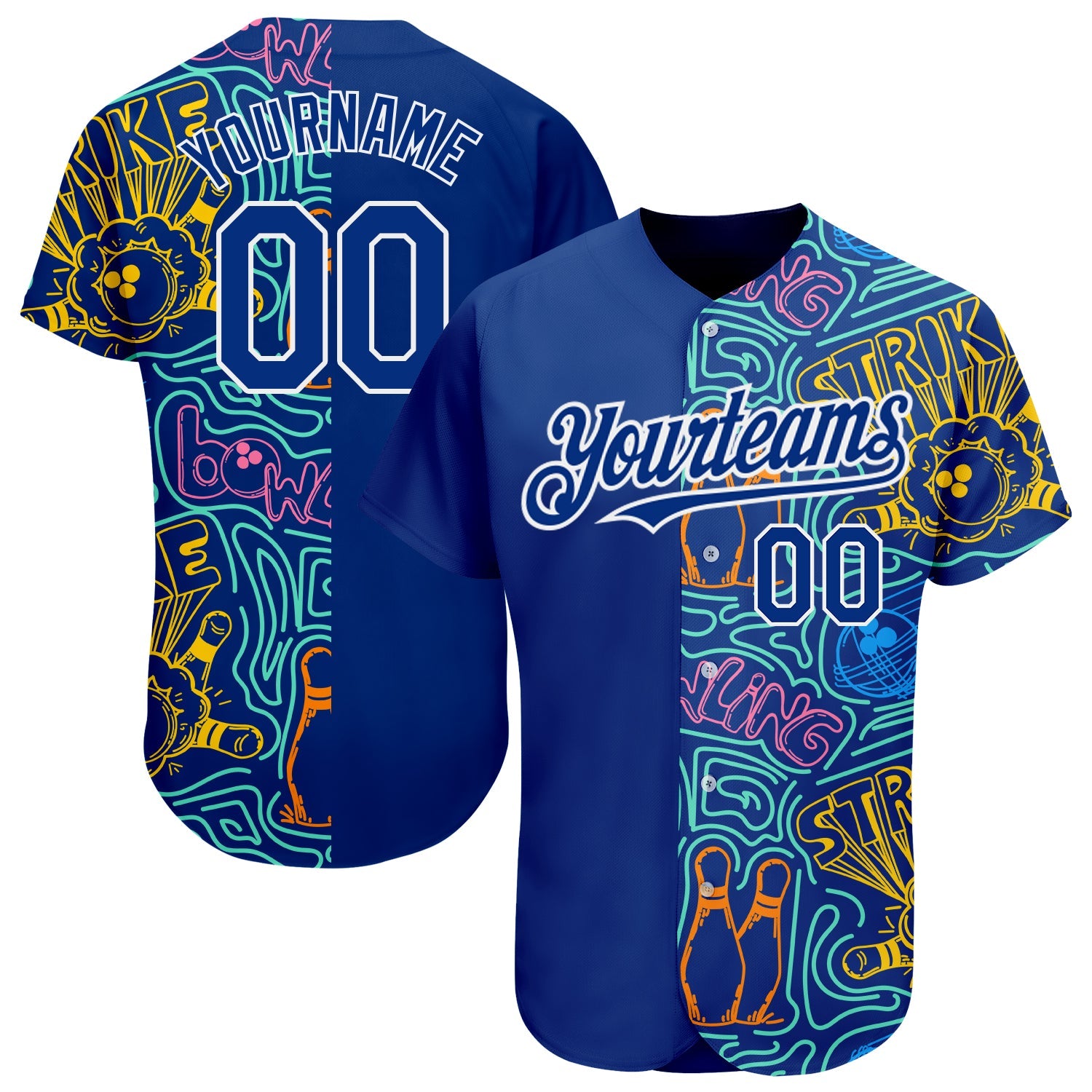 Custom Royal White 3D Pattern Design Bowling Authentic Baseball Jersey - Main View
