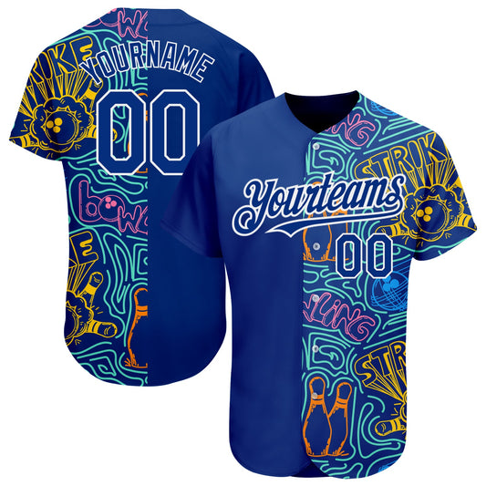 Custom Royal White 3D Pattern Design Bowling Authentic Baseball Jersey - Main View