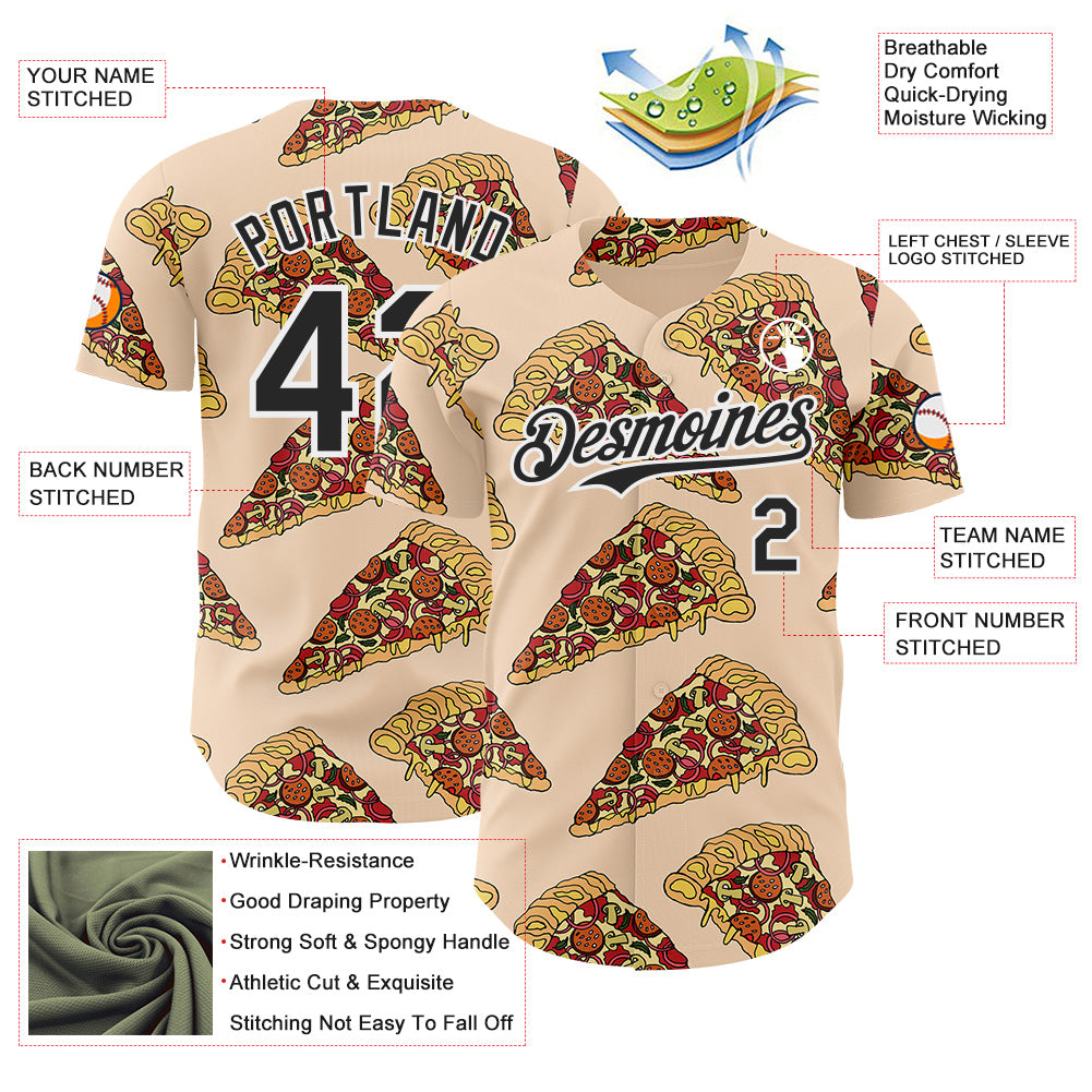Custom Cream Black-White Foodie Pizza Authentic Baseball Jersey view 3