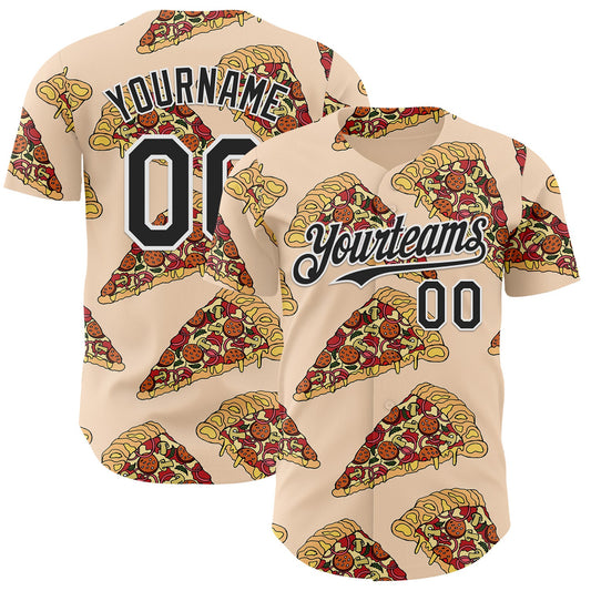 Custom Cream Black-White Foodie Pizza Authentic Baseball Jersey - Main View