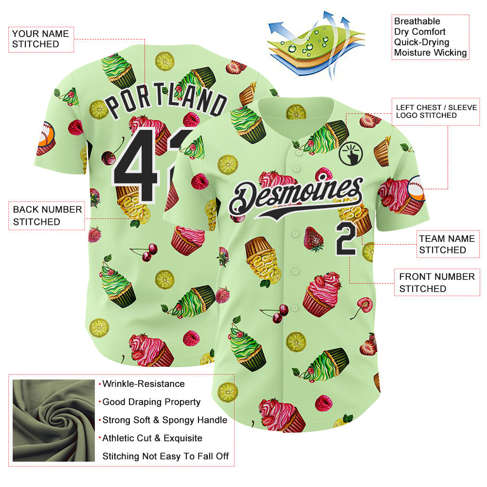 Custom Green Black-White Foodie Cake Ice Cream Authentic Baseball Jersey view 3