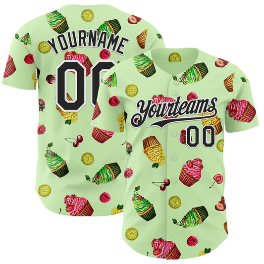 Custom Green Black-White Foodie Cake Ice Cream Authentic Baseball Jersey - Main View