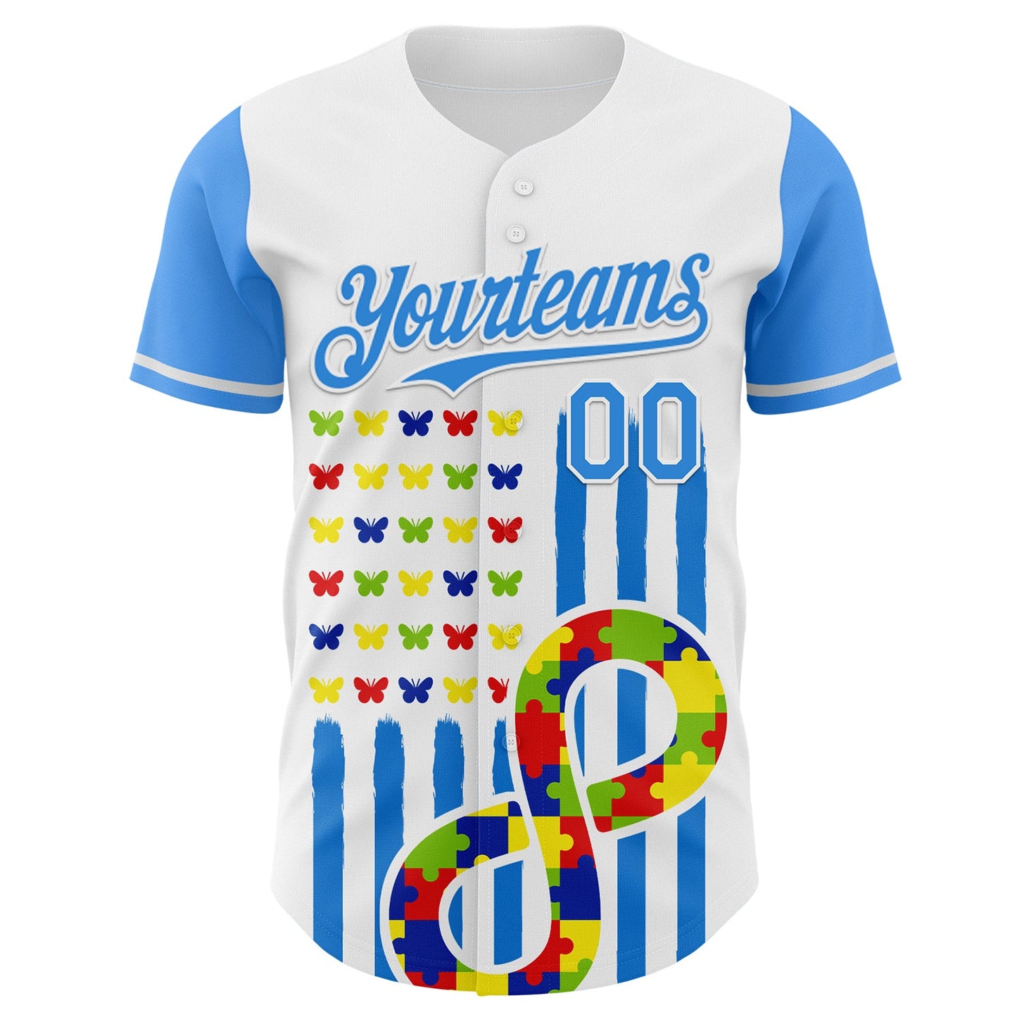 Custom White-Electric Blue Autism Awareness Support Puzzle Infinity Butterfly Authentic Baseball Jersey view 2