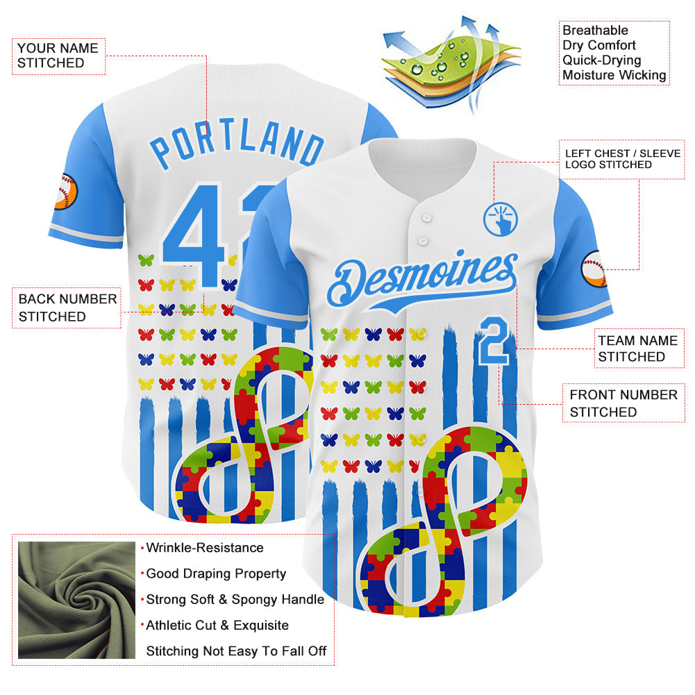 Custom White-Electric Blue Autism Awareness Support Puzzle Infinity Butterfly Authentic Baseball Jersey view 3
