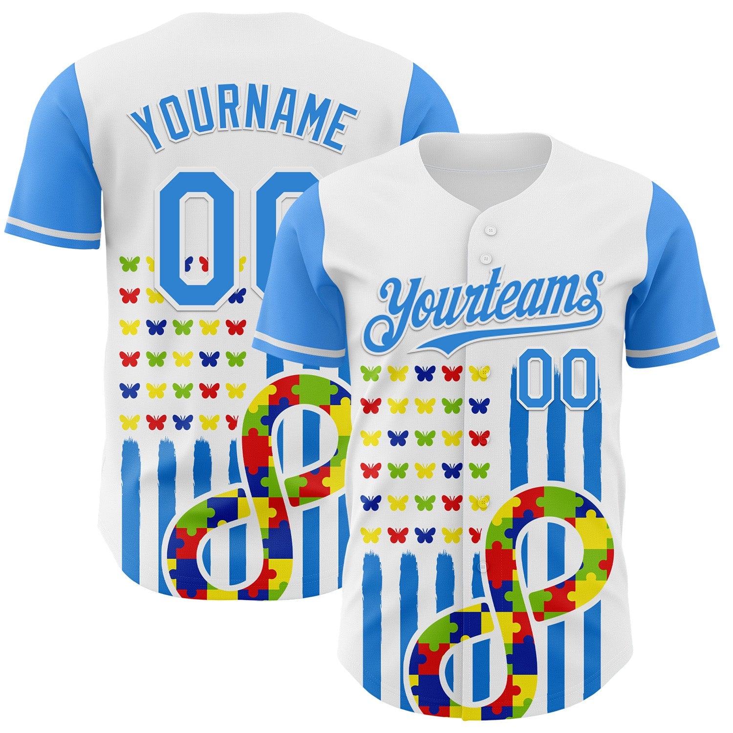 Custom White-Electric Blue Autism Awareness Support Puzzle Infinity Butterfly Authentic Baseball Jersey - Main View