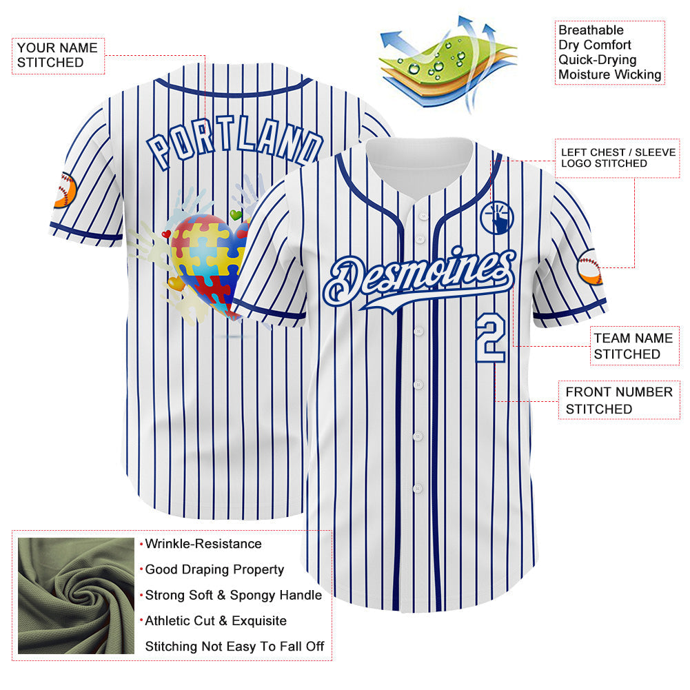 Custom White-Royal Autism Awareness Support Puzzle Infinity Heart Authentic Baseball Jersey view 3