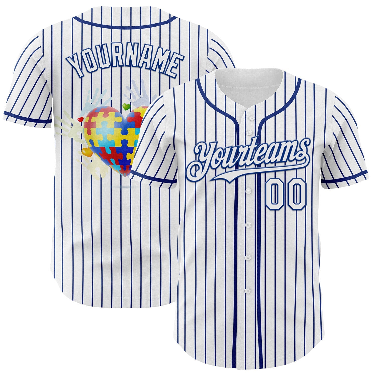 Custom White-Royal Autism Awareness Support Puzzle Infinity Heart Authentic Baseball Jersey - Main View