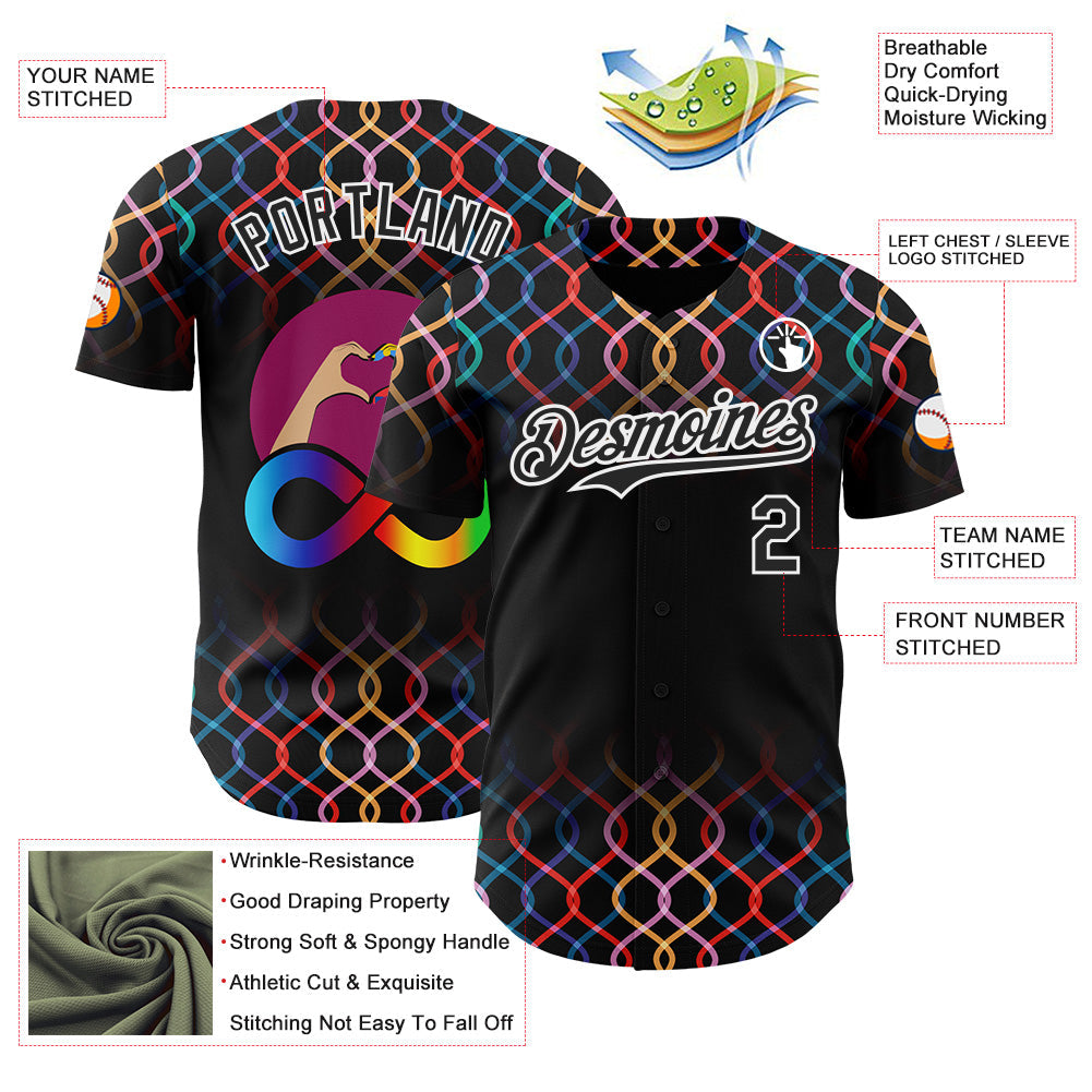 Custom Black-White Autism Acceptance Rainbow Infinity Authentic Baseball Jersey view 3