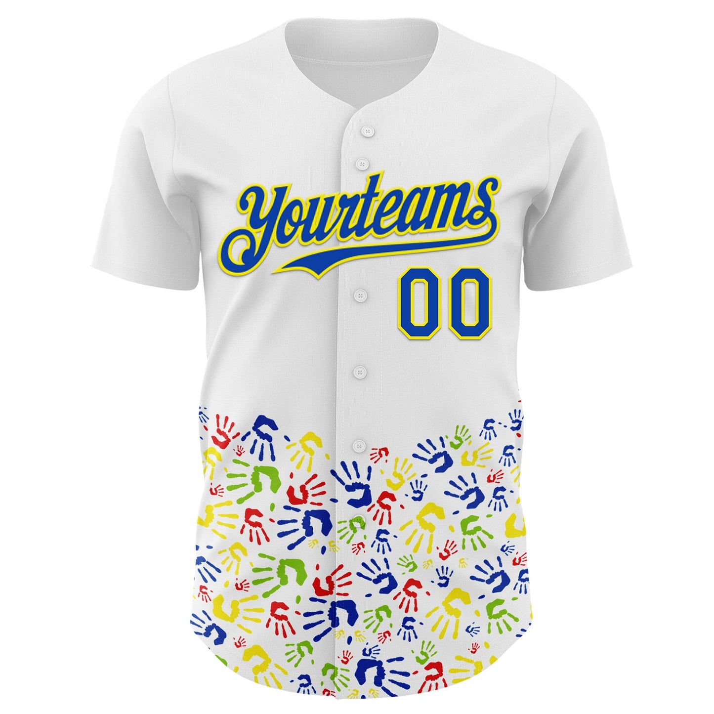 Custom White Thunder Blue-Light Yellow Autism Acceptance Handprint Rainbow Infinity Authentic Baseball Jersey view 2