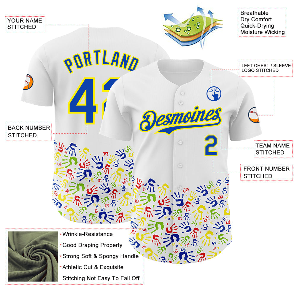 Custom White Thunder Blue-Light Yellow Autism Acceptance Handprint Rainbow Infinity Authentic Baseball Jersey view 3