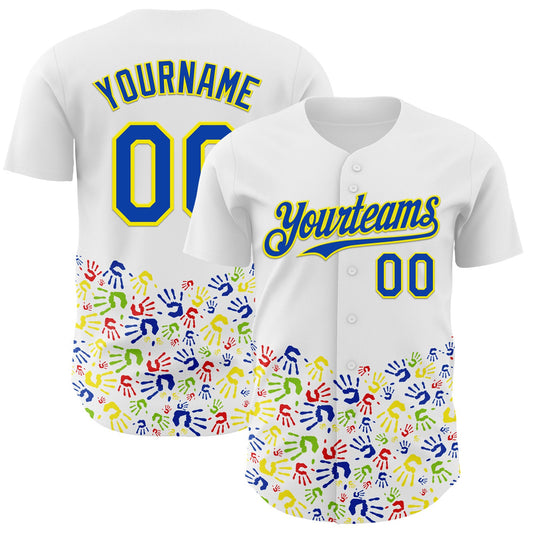 Custom White Thunder Blue-Light Yellow Autism Acceptance Handprint Rainbow Infinity Authentic Baseball Jersey - Main View