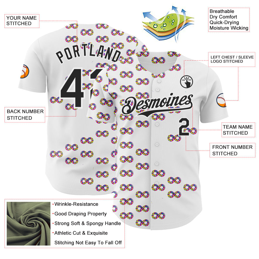 Custom White-Black Autism Acceptance Puzzle Infinity Authentic Baseball Jersey view 3