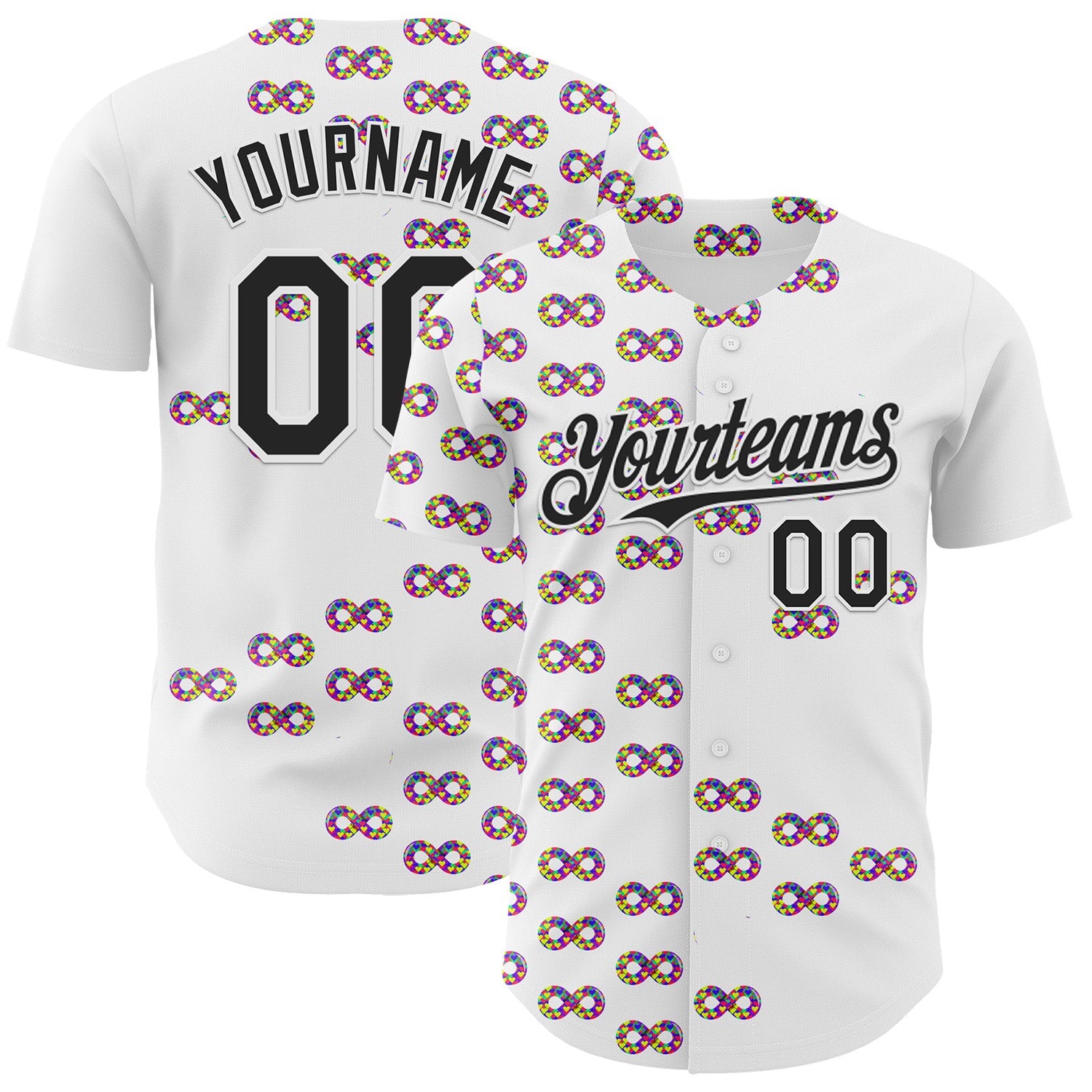 Custom White-Black Autism Acceptance Puzzle Infinity Authentic Baseball Jersey - Main View