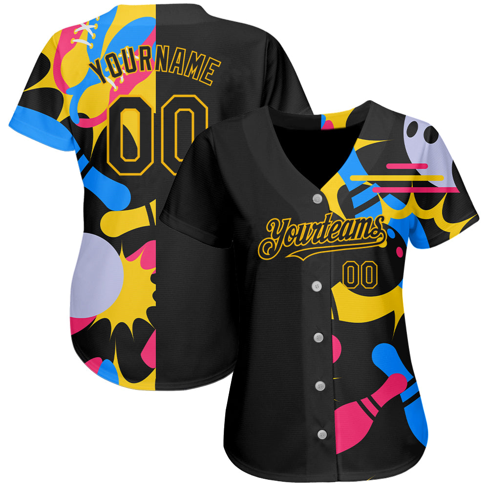 Custom Black Yellow 3D Pattern Design Bowling Authentic Baseball Jersey view 2