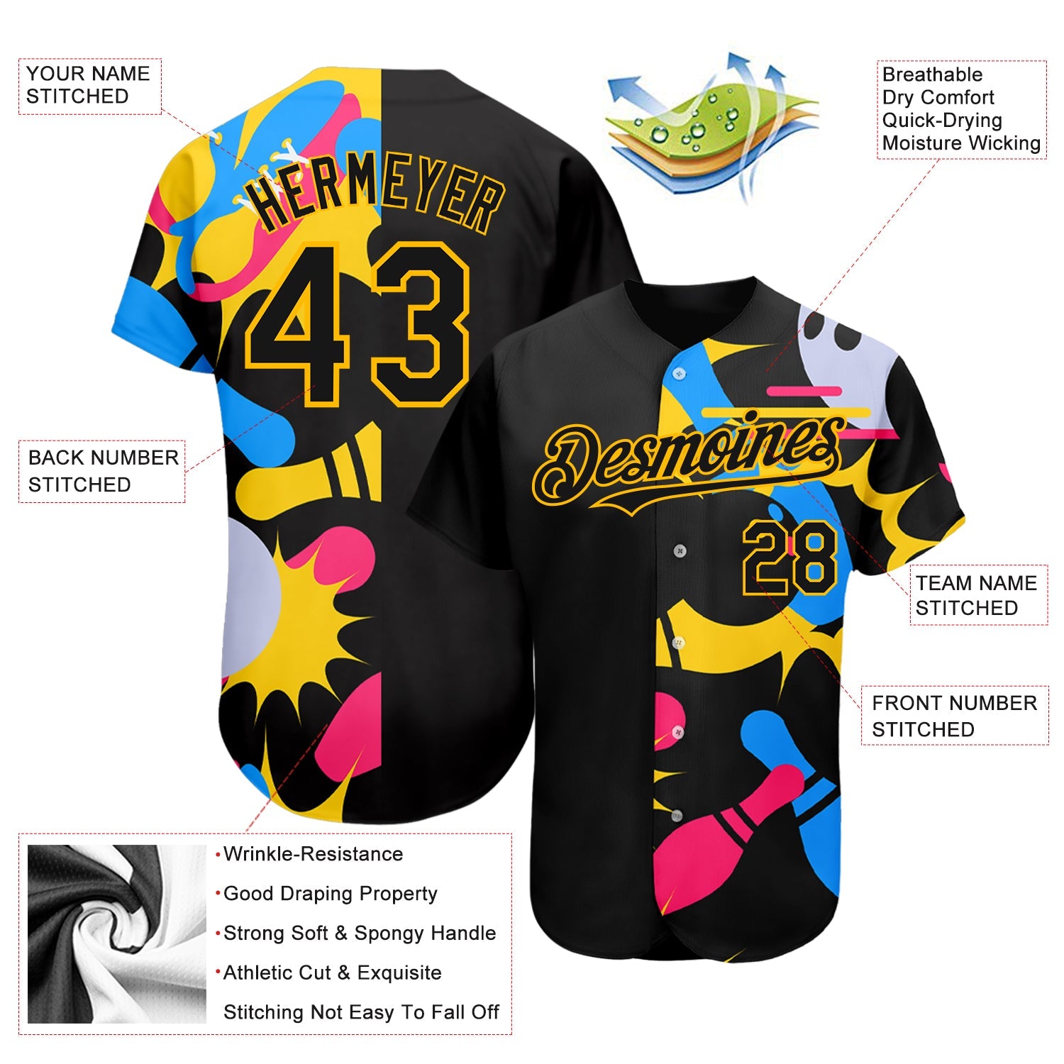 Custom Black Yellow 3D Pattern Design Bowling Authentic Baseball Jersey view 3