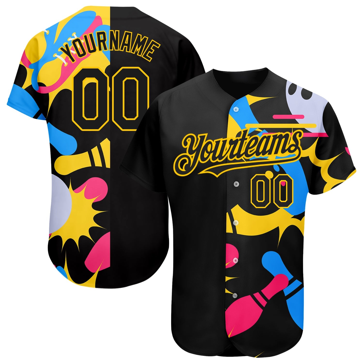 Custom Black Yellow 3D Pattern Design Bowling Authentic Baseball Jersey - Main View