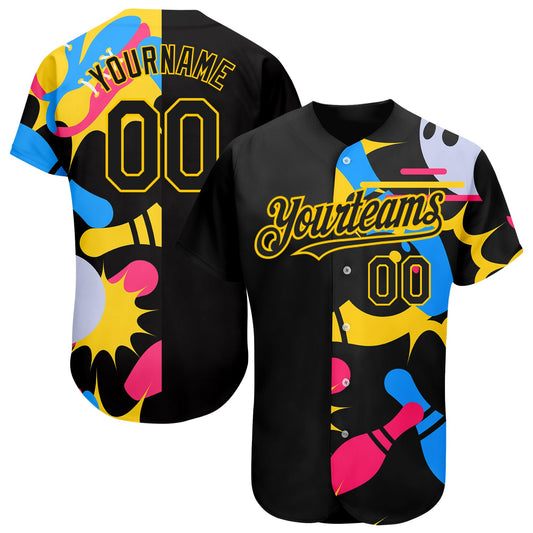Custom Black Yellow 3D Pattern Design Bowling Authentic Baseball Jersey - Main View