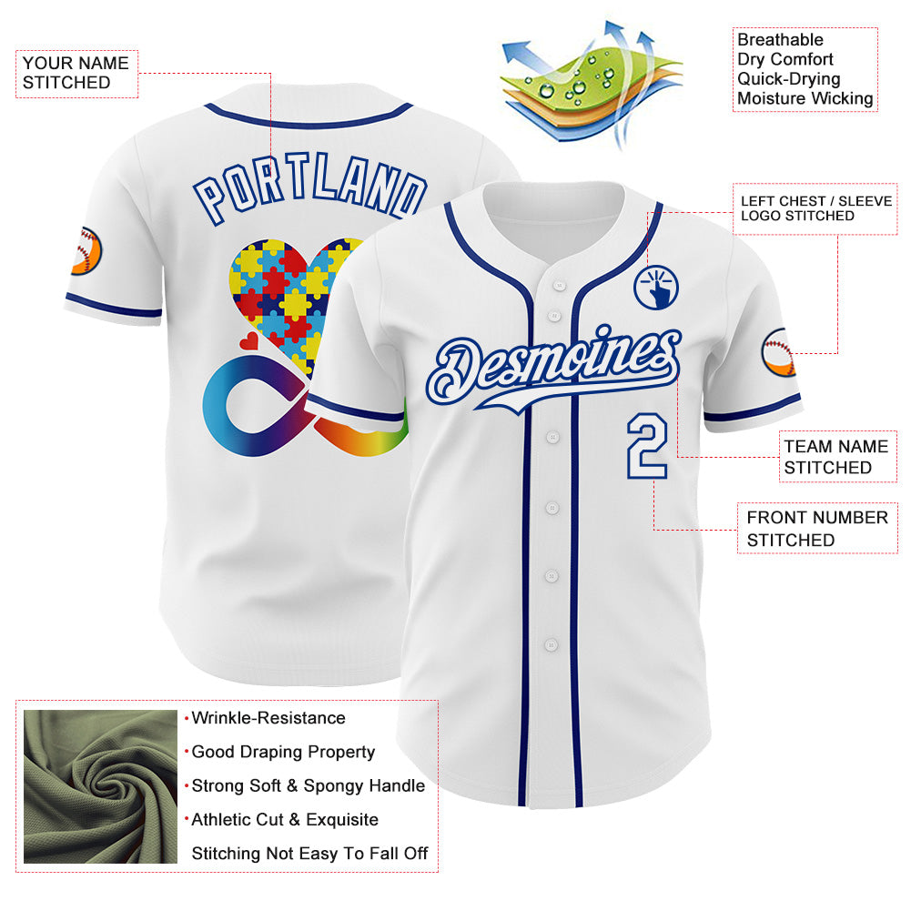 Custom White-Royal Autism Acceptance Puzzle Infinity Heart & Rainbow Authentic Baseball Jersey view 3