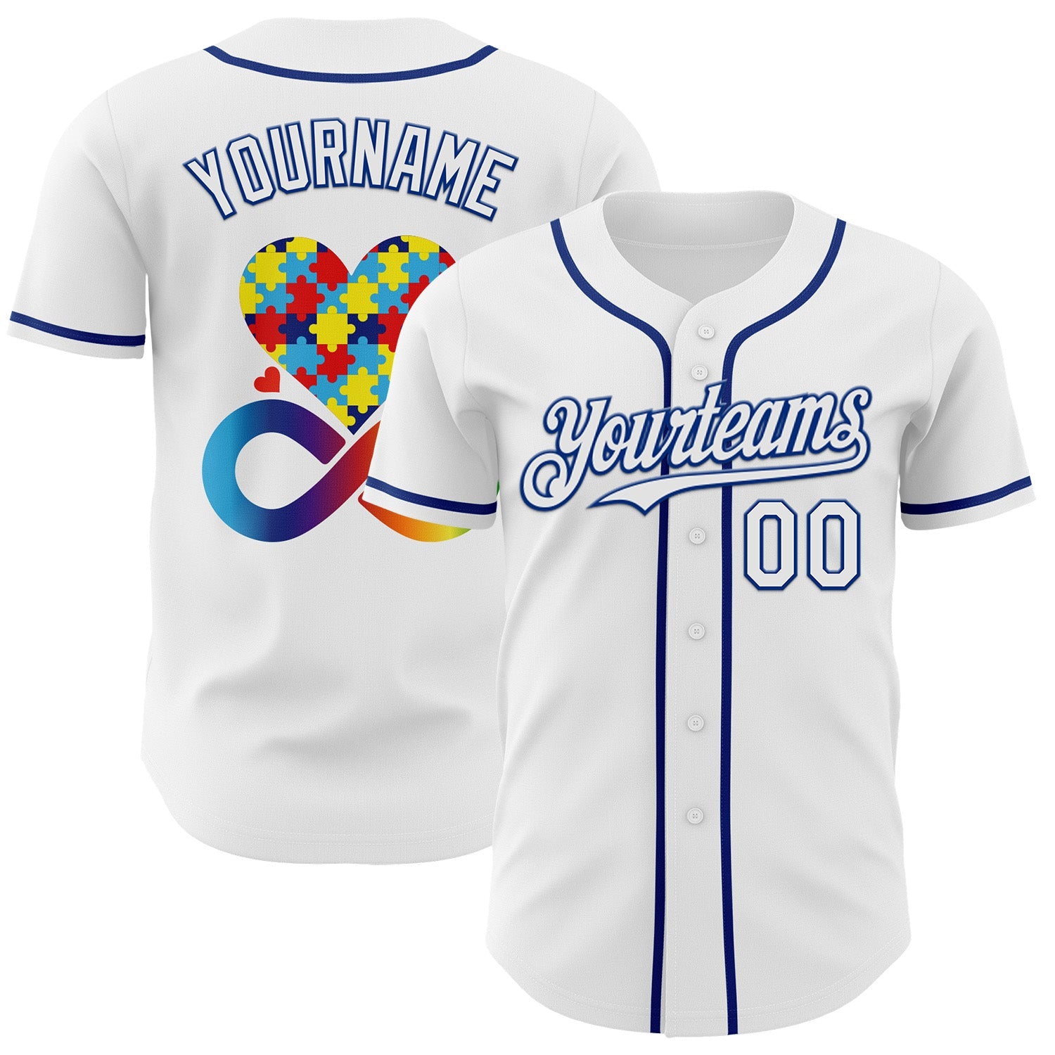 Custom White-Royal Autism Acceptance Puzzle Infinity Heart & Rainbow Authentic Baseball Jersey - Main View