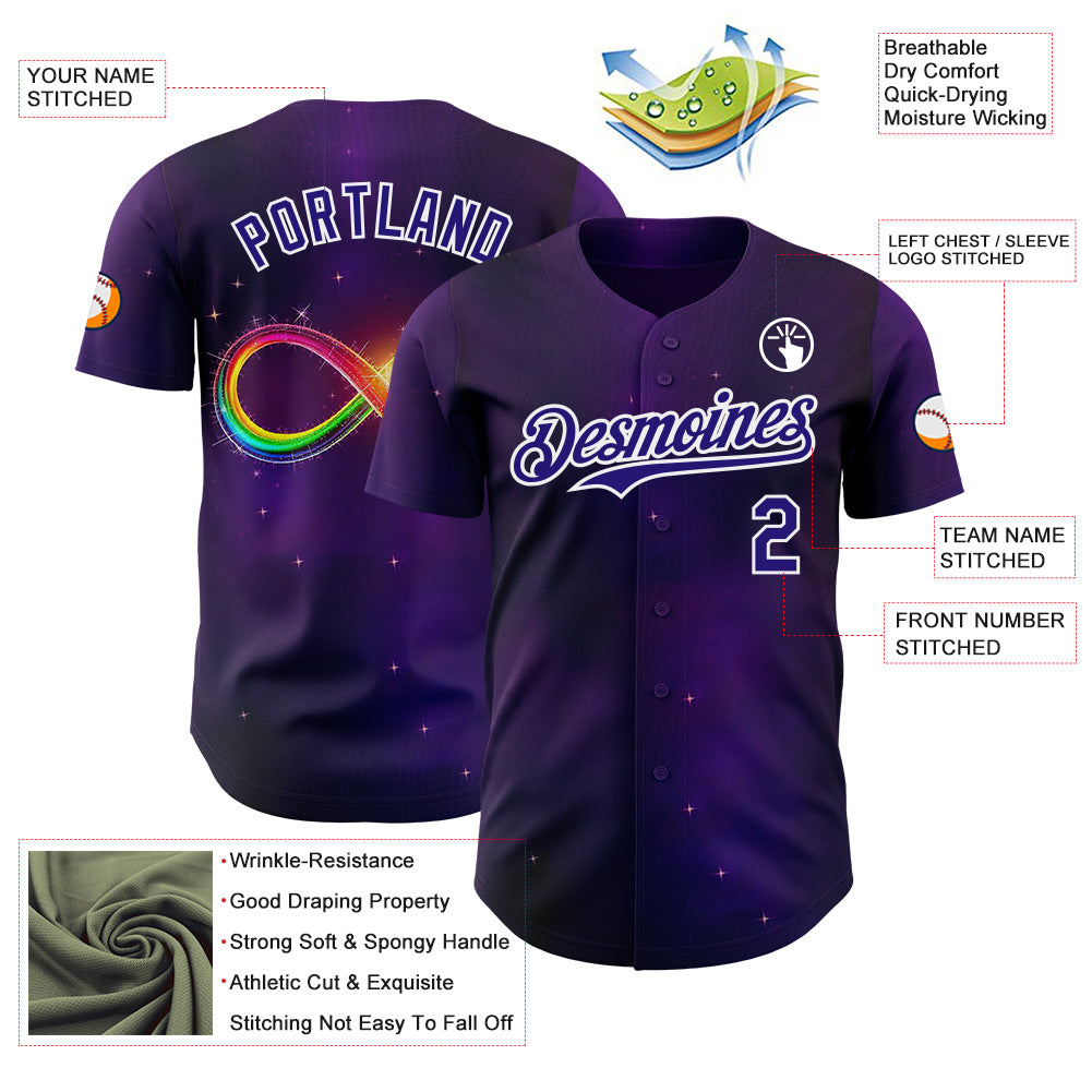 Custom Purple Dark Purple-White Autism Acceptance Rainbow Infinity Authentic Baseball Jersey view 3