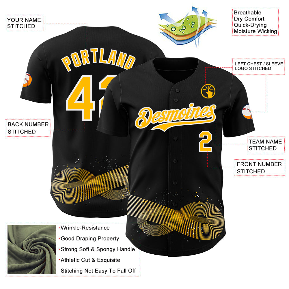 Custom Black Gold-White Autism Acceptance Gold Infinity Authentic Baseball Jersey view 3