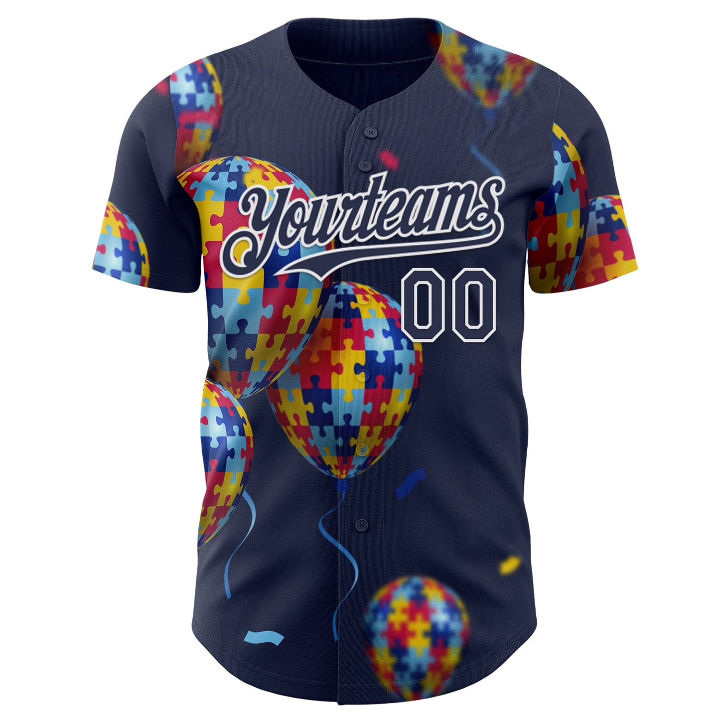Custom Navy-White Autism Awareness Support Puzzle Infinity Balloon Authentic Baseball Jersey view 2