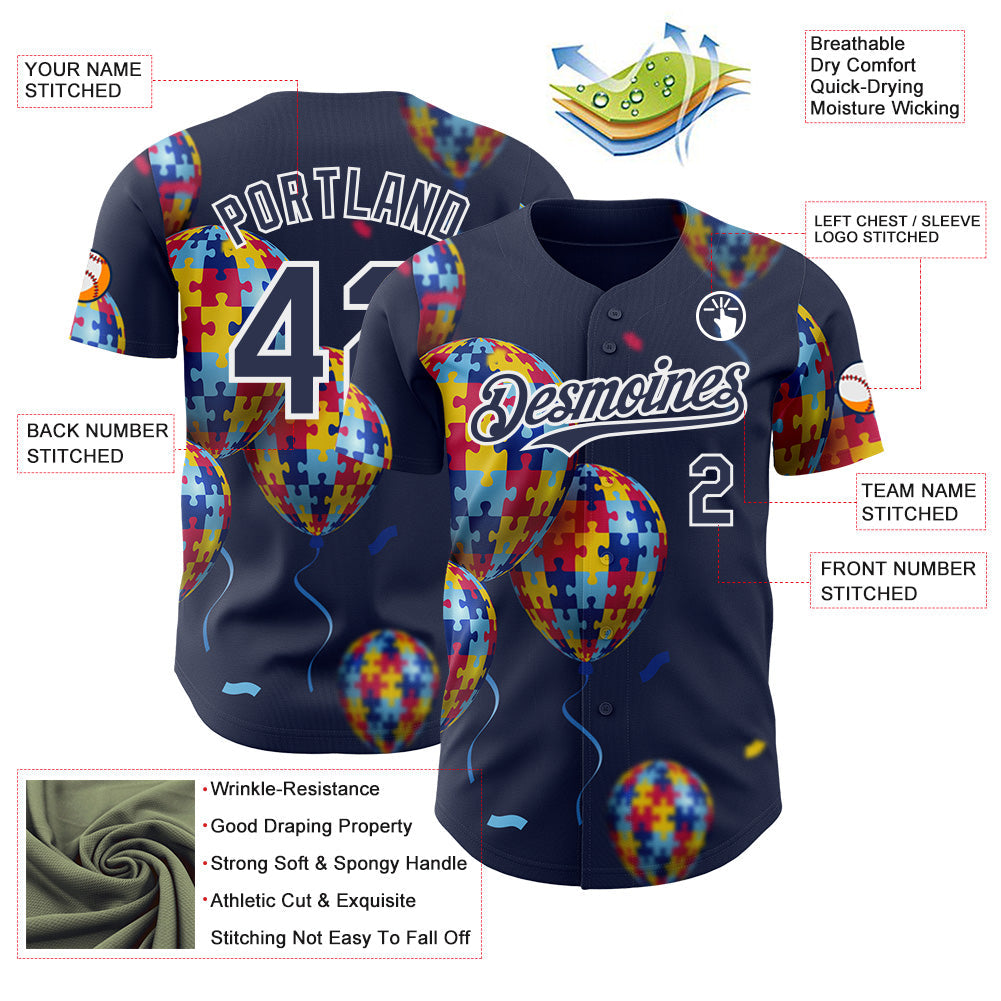 Custom Navy-White Autism Awareness Support Puzzle Infinity Balloon Authentic Baseball Jersey view 3