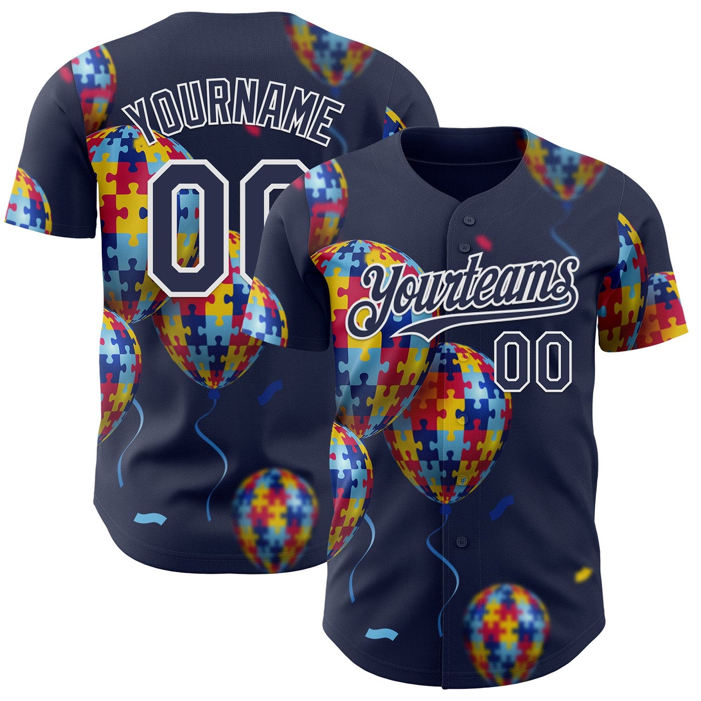 Custom Navy-White Autism Awareness Support Puzzle Infinity Balloon Authentic Baseball Jersey - Main View