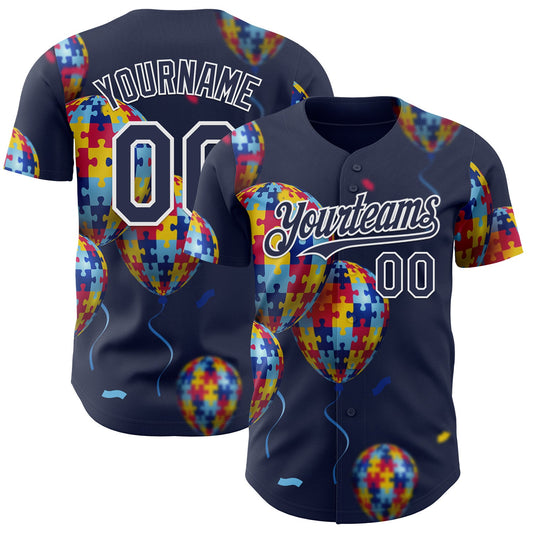 Custom Navy-White Autism Awareness Support Puzzle Infinity Balloon Authentic Baseball Jersey - Main View