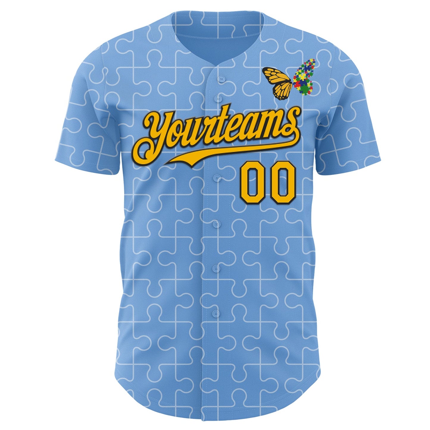 Custom Light Blue Gold-Black Autism Awareness Support Puzzle Infinity Butterfly Authentic Baseball Jersey view 2