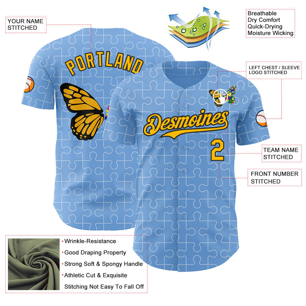 Custom Light Blue Gold-Black Autism Awareness Support Puzzle Infinity Butterfly Authentic Baseball Jersey view 3