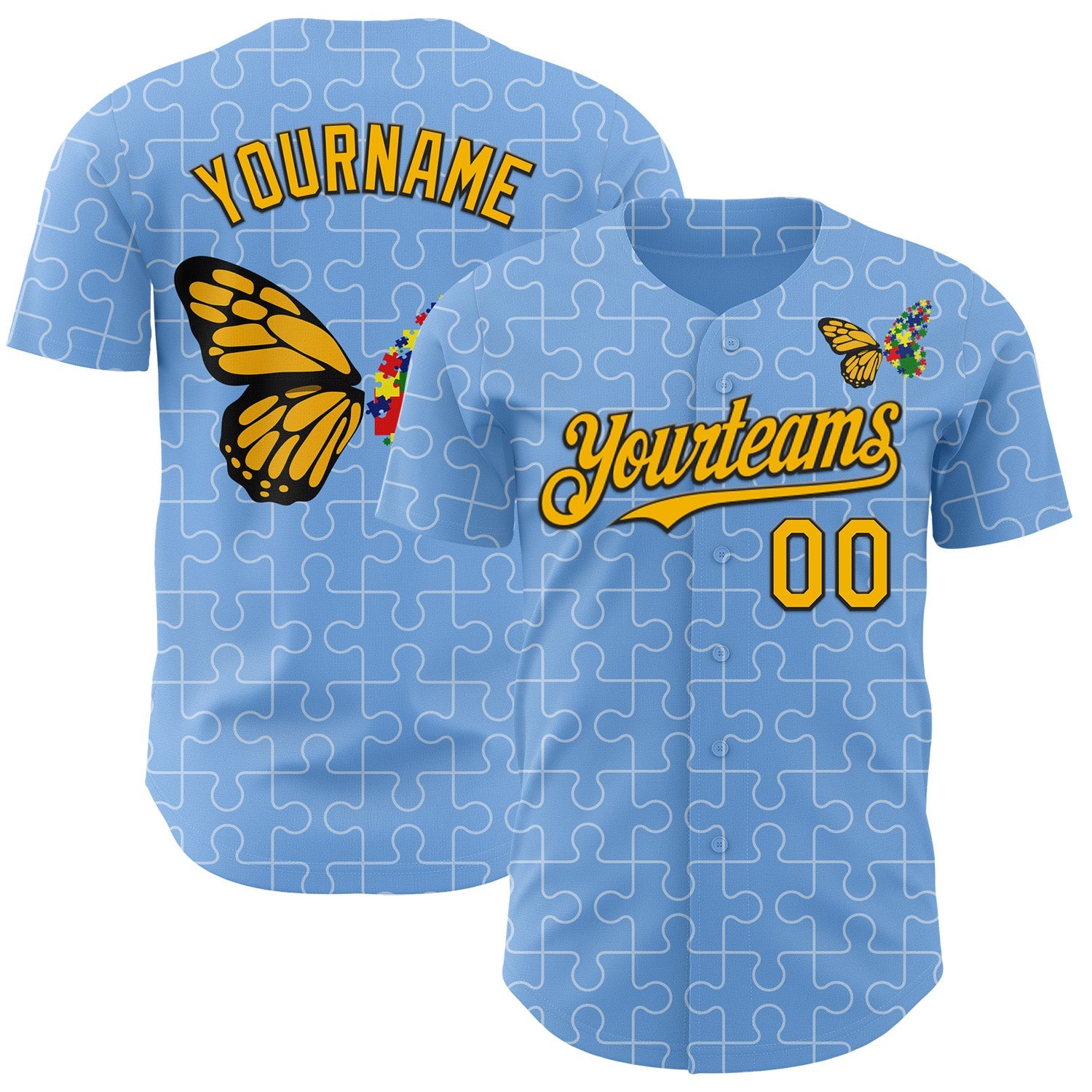 Custom Light Blue Gold-Black Autism Awareness Support Puzzle Infinity Butterfly Authentic Baseball Jersey - Main View
