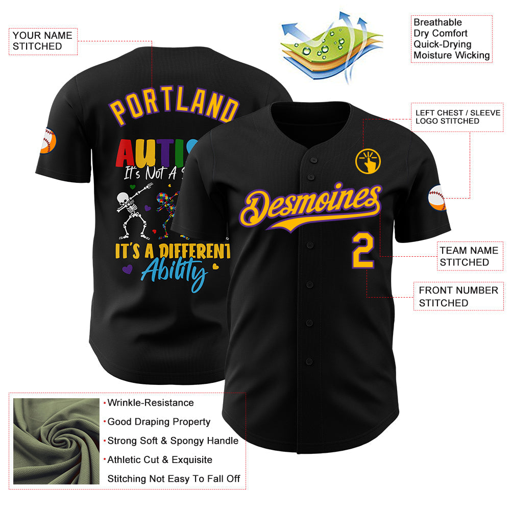 Custom Black Gold-Purple Autism Awareness Support Puzzle Infinity Authentic Baseball Jersey view 3