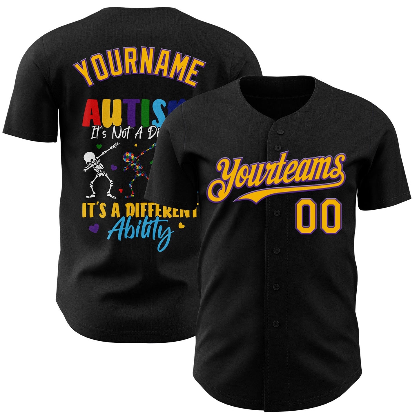 Custom Black Gold-Purple Autism Awareness Support Puzzle Infinity Authentic Baseball Jersey - Main View