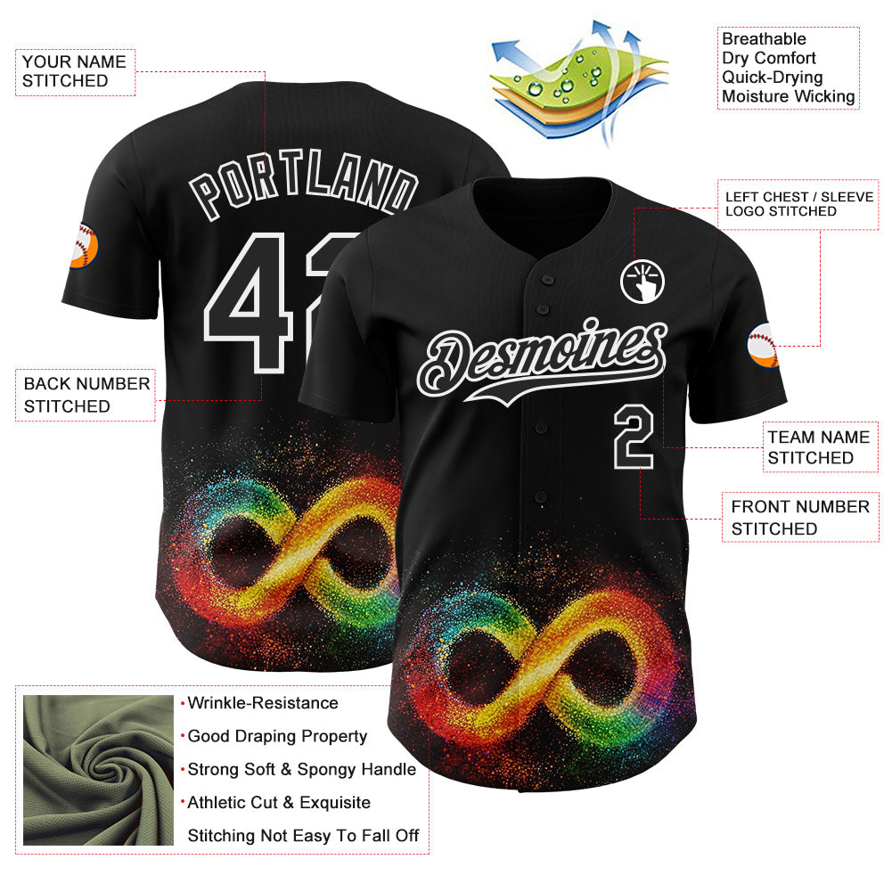 Custom Black-White Autism Acceptance Rainbow Infinity Authentic Baseball Jersey view 3
