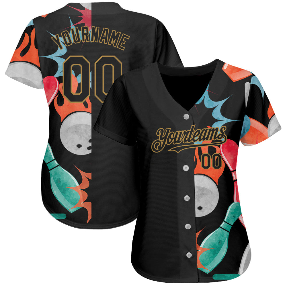 Custom Black Old Gold 3D Pattern Design Bowling Authentic Baseball Jersey view 2