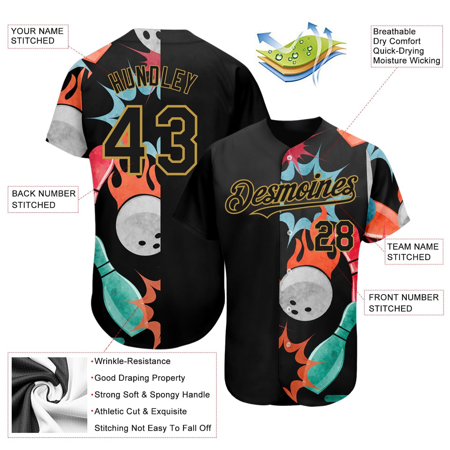 Custom Black Old Gold 3D Pattern Design Bowling Authentic Baseball Jersey view 3